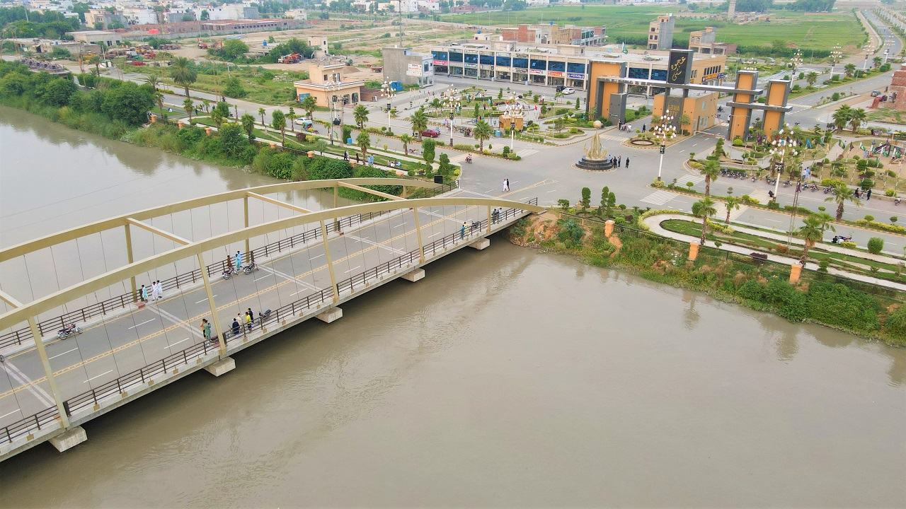 Aerial view of Ajwa City Gujranwala bridge and commercial strip